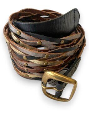 Vintage Fossil Brown Leather Braided Boho Hippie Western Silver Buckle Belt / M Fossil Dark Brown Leather Belt Linked Braided Western Tribal  main image 3